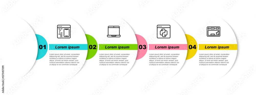 Poster Set line Software, Laptop, Python programming language and Keyboard. Business infographic template. Vector