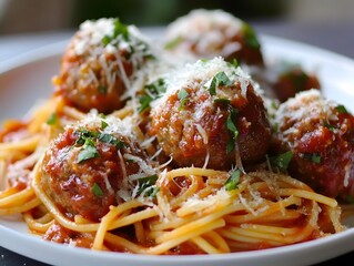 32. A comforting dinner of spaghetti and meatballs with parmesan cheese