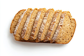 A loaf of bread that has been sliced into several pieces, placed on a white background. The bread has a golden-brown crust and a soft, airy interior.