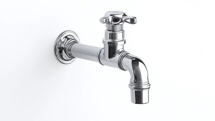 Classic chrome water tap mounted on white wall isolated on clean background symbolizing plumbing and sanitation
