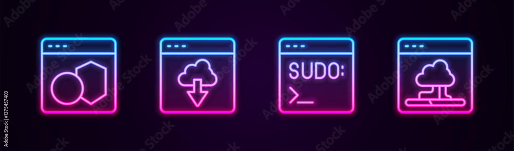 Poster set line software, cloud technology data transfer, code terminal and . glowing neon icon. vector