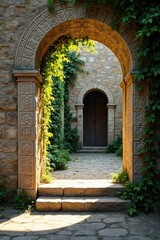 Naklejka premium Stone Archway Passageway with Ivy and Steps Leading to a Doorway
