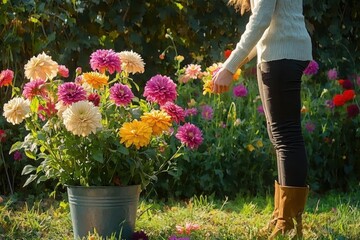 Dahlia Bloom Harvest in Serene Garden with Woman Pruning Flowers and Bucket of Colorful Dahlias