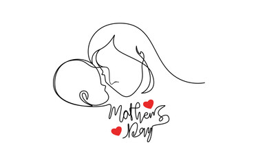 Happy Mother's Day concept one line drawing, Mother's Day Mom and Baby in Single Line Drawing 

