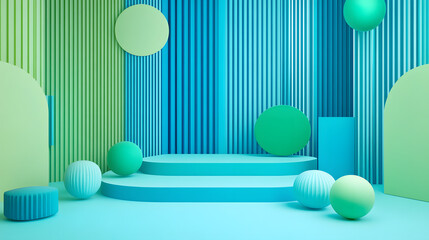 3d rendering of mind green and blue abstract geometric background. Scene for advertising, technology, showcase, banner, game, sport, cosmetic, business, metaverse. Sci-Fi Illustration. Product display