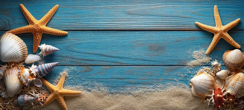 Starfish Seashells and Beach Sand on Blue Wooden Surface Summer Theme