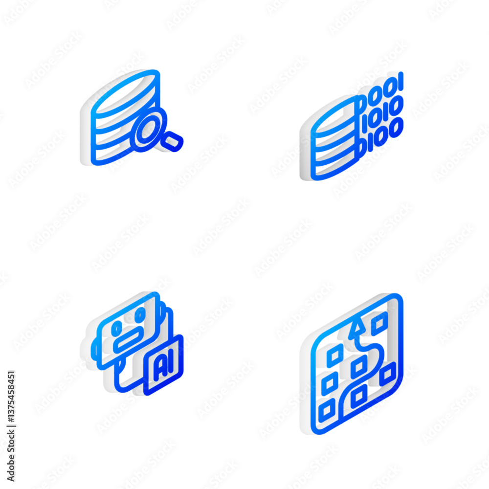 Fototapete Set Isometric line Binary code, Server, Artificial intelligence robot and Neural network icon. Vector