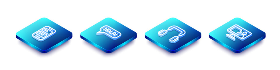 Set Isometric line Online translator, Hola different languages, Headphones and Foreign online study icon. Vector © vector_v