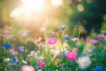 Field of colorful cosmos flowers blooming in warm, bright sunlight. Great for themes of nature, spring, happiness, and inspiration.