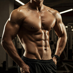 Fototapeta premium muscular young bodybuilder. Abs and chest muscles in a close view with a body building gym on the background with a soft warm light in a bodybuilder concept.
