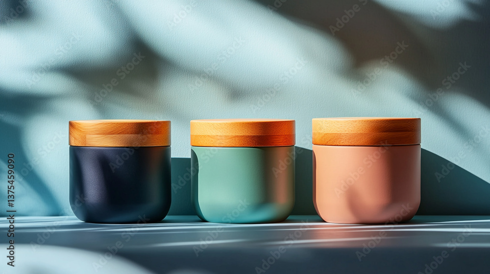 Poster three colorful jars with wooden lids sit in a row with light and shadow patterns on the background