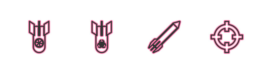 Set line Nuclear bomb, Rocket, Biohazard and Target sport icon. Vector