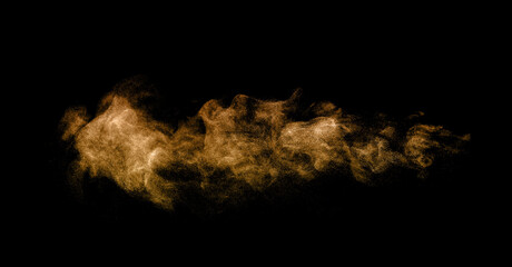 Sand dust, desert dust smoke texture, flying soil particles, abstract fine sand clouds, brown dust wave effect, brown dust blowing effect, isolated on black background.