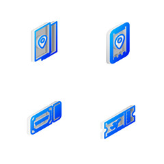 Set Isometric line Infographic of city map, Cover book travel guide, Ticket and Airline ticket icon. Vector
