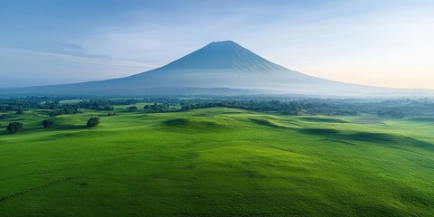 Fototapeta premium Lush green hills with a distant volcanic mountain. Wide panoramic landscape under a pale blue sky. Calm stability and long-term growth. Ideal for branding, presentations, and website headers.