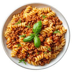 Italian pasta bolognese on a plate, isolated, no background.