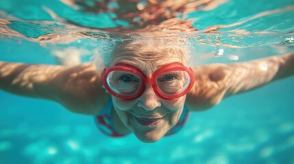 Smiling senior woman with red goggles swimming underwater. Showcases active lifestyles, wellness, and enjoying life at any age.