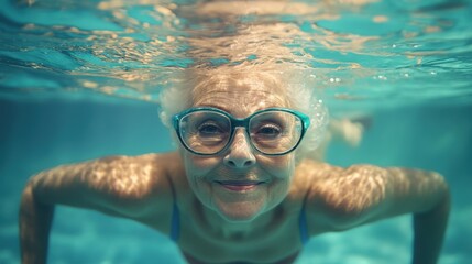 Fototapeta premium Smiling senior woman swims underwater in a pool wearing turquoise glasses. Illustrate active aging and a healthy lifestyle for advertising or websites.
