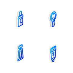 Set Isometric line Hand mirror, Beard mustaches care oil bottle, Cream lotion cosmetic tube and Electrical hair clipper shaver icon. Vector