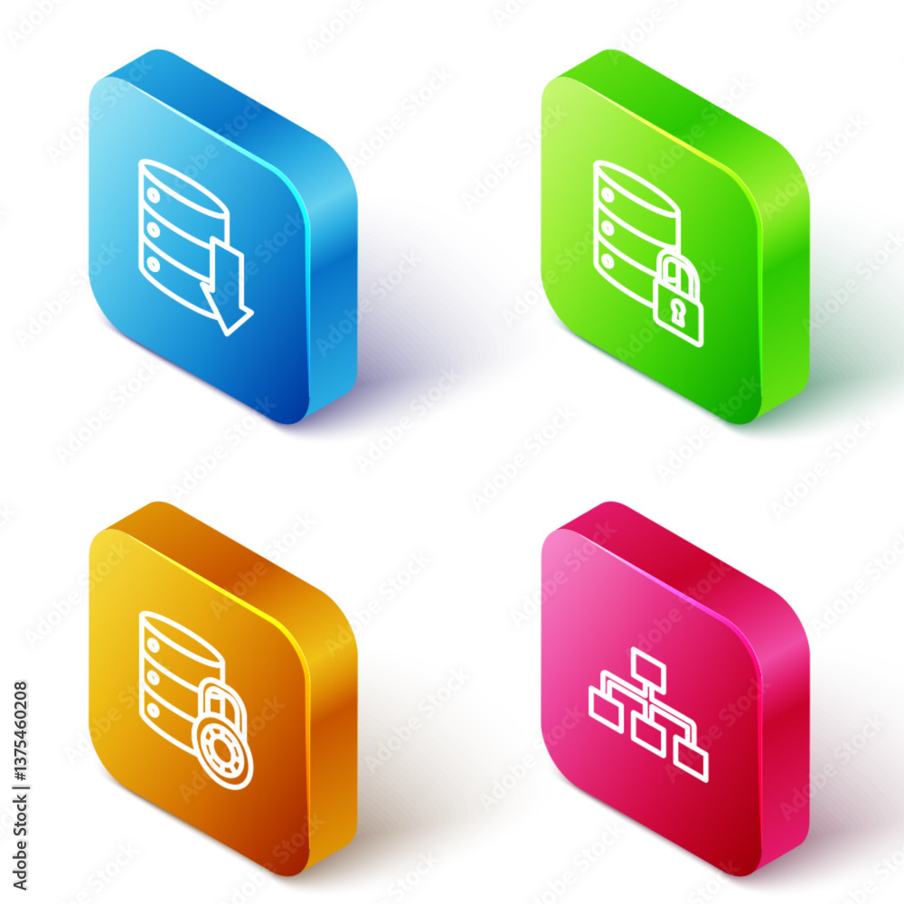 Poster set isometric line server, data, web hosting, security with lock, and hierarchy organogram chart ico