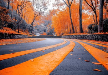 Autumnal Park Road with Winding Lines