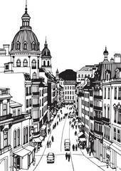 Obraz premium City landscape. Different buildings on street, outline cityscape hand sketch, flat houses. Hand drawn vector illustration