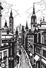 Fototapeta premium City landscape. Different buildings on street, outline cityscape hand sketch, flat houses. Hand drawn vector illustration