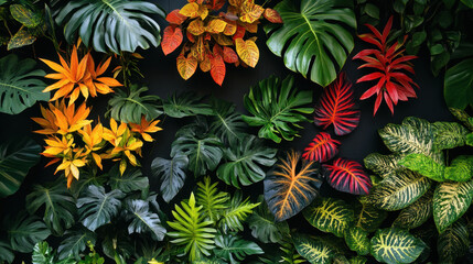 Vibrant Tropical Leaves in Various Colors on Dark Background