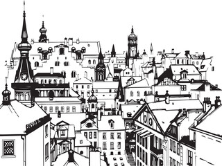 Fototapeta premium City landscape. Different buildings on street, outline cityscape hand sketch, flat houses. Hand drawn vector illustration