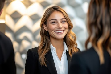 Obraz premium Smiling businesswoman in suit talking with colleagues at a modern office. Use for leadership, teamwork, success, or a positive corporate image.
