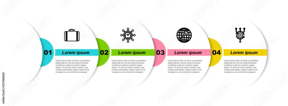 Poster set line suitcase for travel, clock and gear, globe with flying plane and algorithm. business infogr