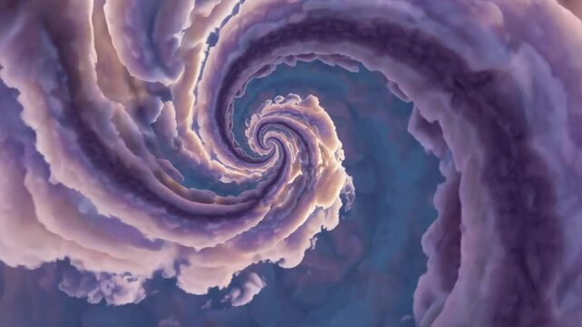 cinematic wide shot of a dreamlike skyscape filled with massive swirling spiral-shaped clouds in soft pastel tones &mdash; lavender, blush pink, and baby blue. 