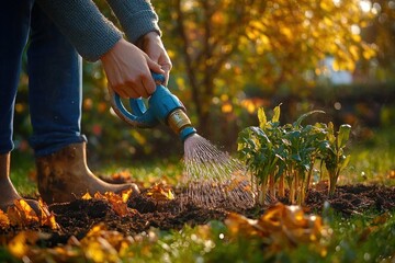 Naklejka premium Gardener Washing Dahlia Tubers for Winter Storage on Sunny Autumn Day