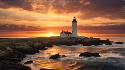 Fototapeta premium A tall lighthouse stands amidst tall green grass,