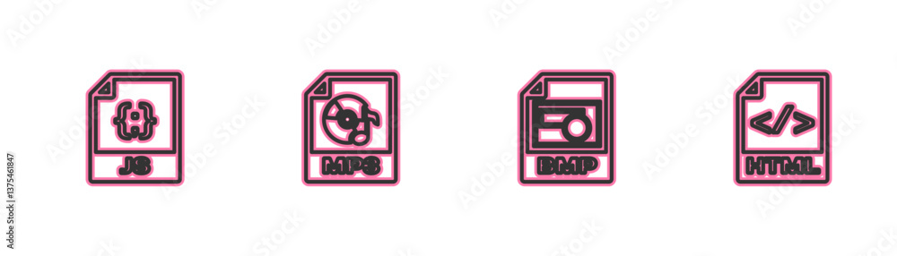 Poster set line js file document, bmp, mp3 and html icon. vector