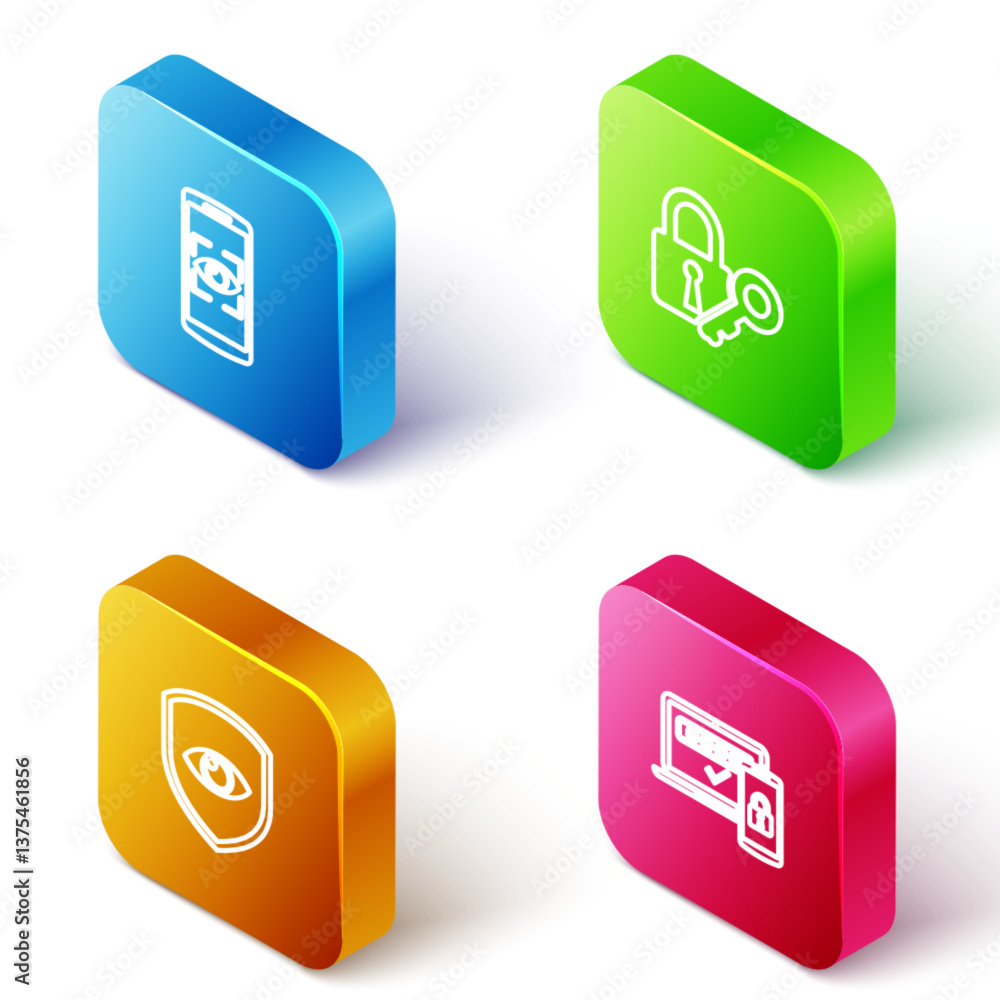 Poster set isometric line mobile and eye scan, lock key, shield and two steps authentication icon. vector