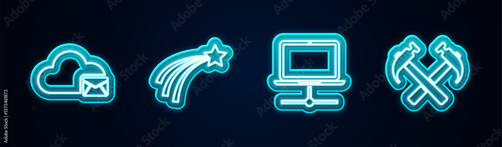 Poster set line cloud mail server, falling star, computer network and two crossed hammers. glowing neon ico