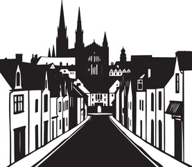 Obraz premium City landscape. Different buildings on street, outline cityscape hand sketch, flat houses. Hand drawn vector illustration