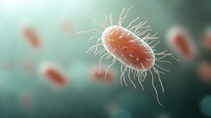 Microscopic view of bacteria with flagella in a fluid environment showcasing cellular structure and movement in a laboratory setting Generative AI