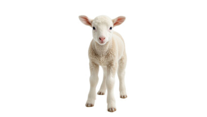 Fototapeta premium Adorable young lamb standing on white background looking curiously with bright eyes and soft wool coat