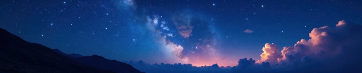 Fototapeta premium Illuminated starry night with glittering stars and clouds, astronomy, cosmic, clouds