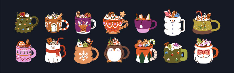 Christmas mugs set. Hot winter drinks in festive design shaped painted cups. Xmas holiday fancy ceramics with seasonal decorated beverages. Cacao decoration. Isolated flat vector illustration