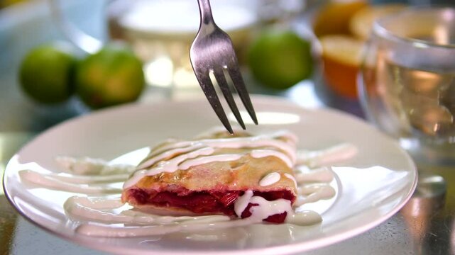 Cherry roll with sour cream Dessert. Strudel with apple and ice cream. High quality 4k footage