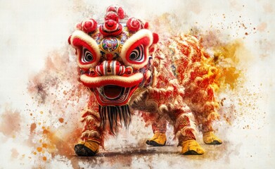 Traditional Chinese lion dance, colorful ink painting style, light red and gold colors, high resolution, watercolor splashes, high detail, high quality, high definition, high contrast