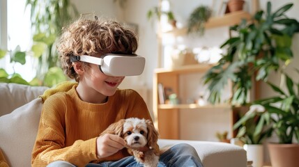 Fototapeta na wymiar A joyful child wearing virtual reality goggles pets a small dog, surrounded by a cozy indoor environment filled with plants and natural light.
