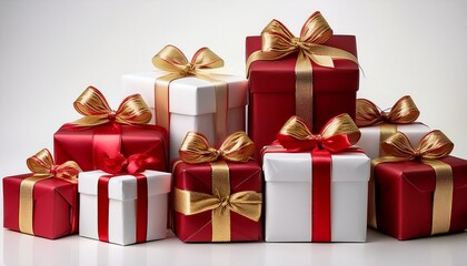 Obraz premium A collection of red and white gift wrapped presents with a red and gold ribbon bows isolated against a white background.
