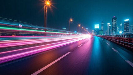 Fototapeta premium Light trails illuminating an empty highway in a modern city at night