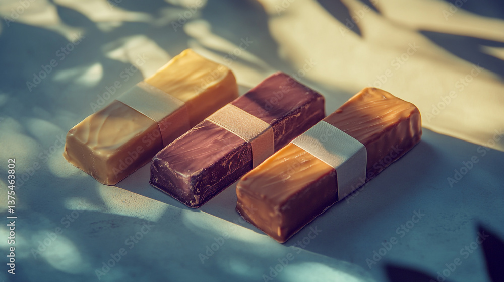 Aufkleber Three rectangular treats with paper bands on a light surface with leaf shadows cast on the background