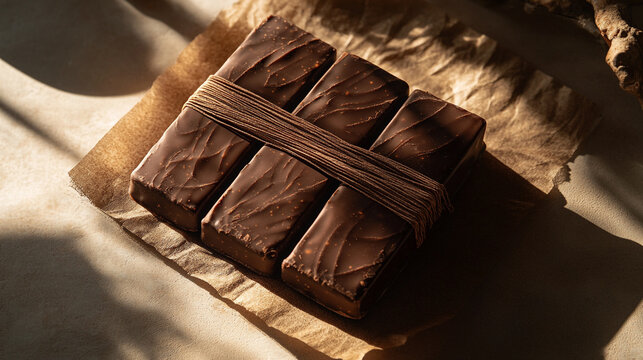 Four chocolate bars tied with string on brown paper under soft light creating shadows and textures