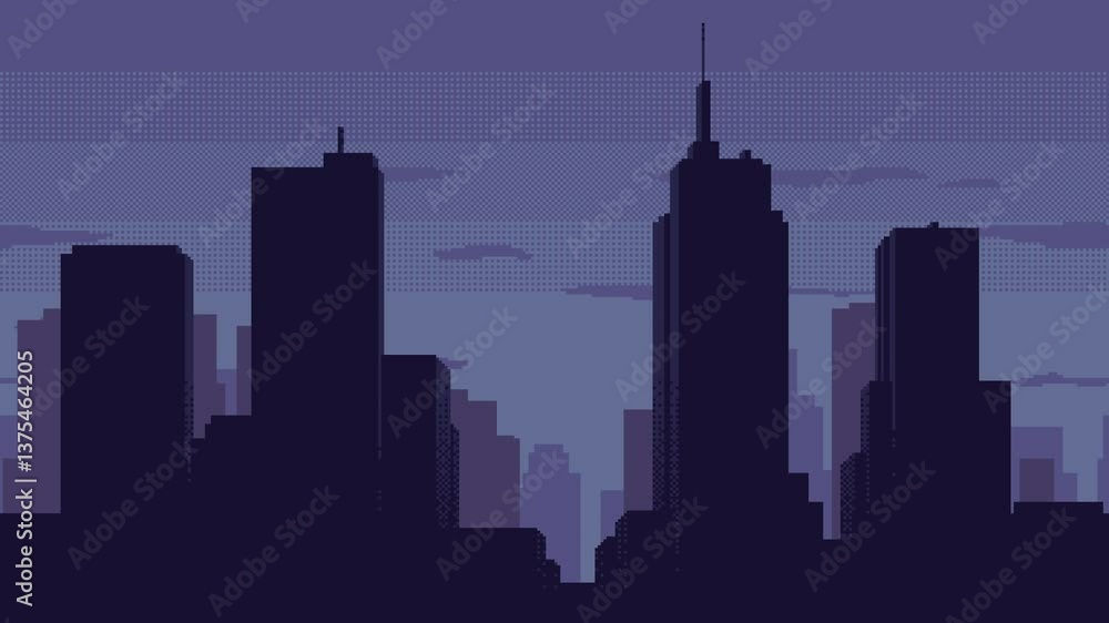 Poster animated pixel art city background with buildings and houses before dawn. minimalist design for retr